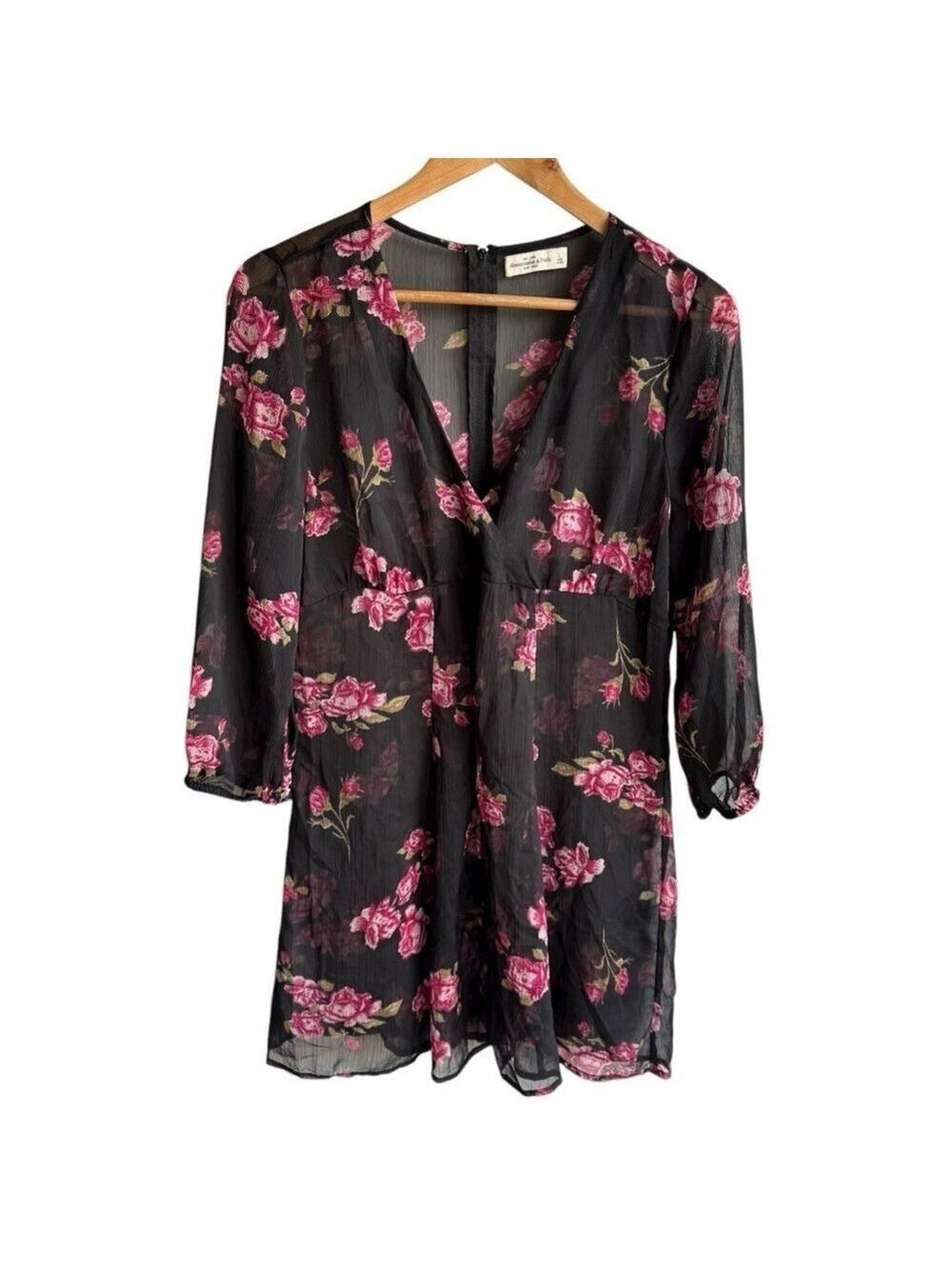Abercrombie & Fitch Sheer Floral Dress L Dark Romantic Long Sleeve Short Wrap